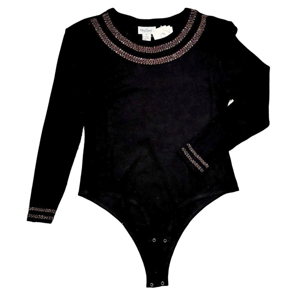 Oleg Cassini NWT Womens Bodysuit size XL Black with Beading Around the Neckline